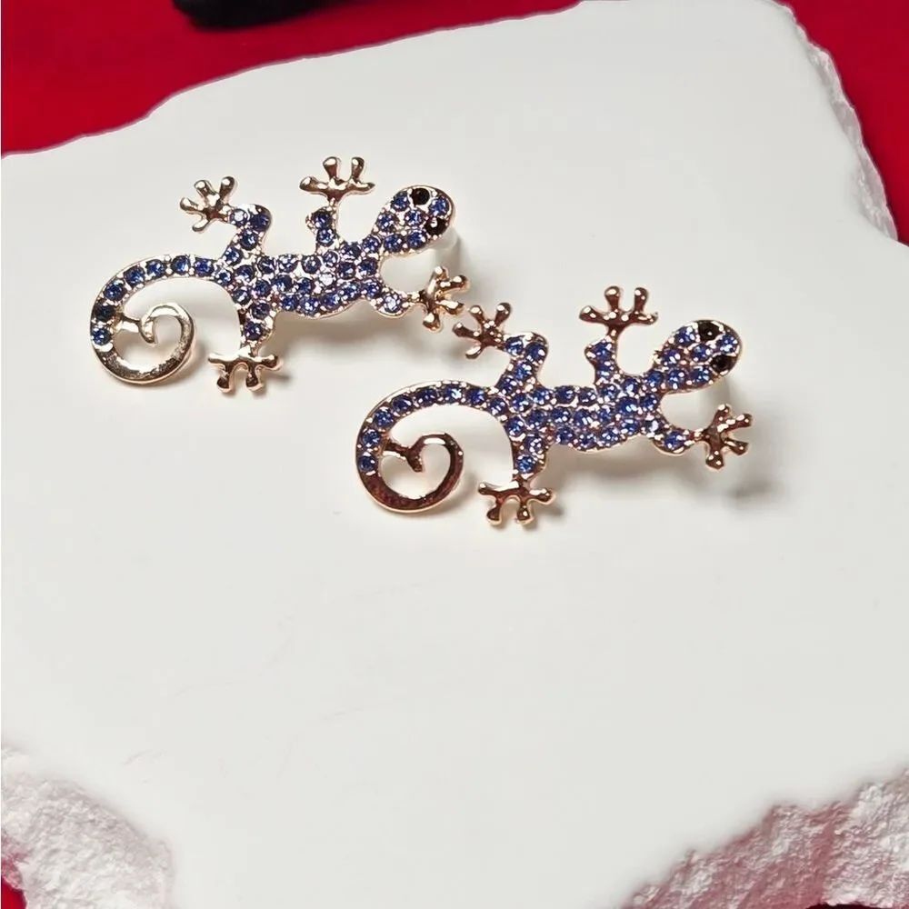 Blue Crystal Gecko Lizard Earrings Gold Tropical Reptile Statement Cruise Studs